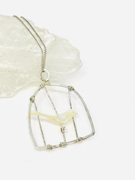 Mother of Pearl Bird in a Cage Necklace